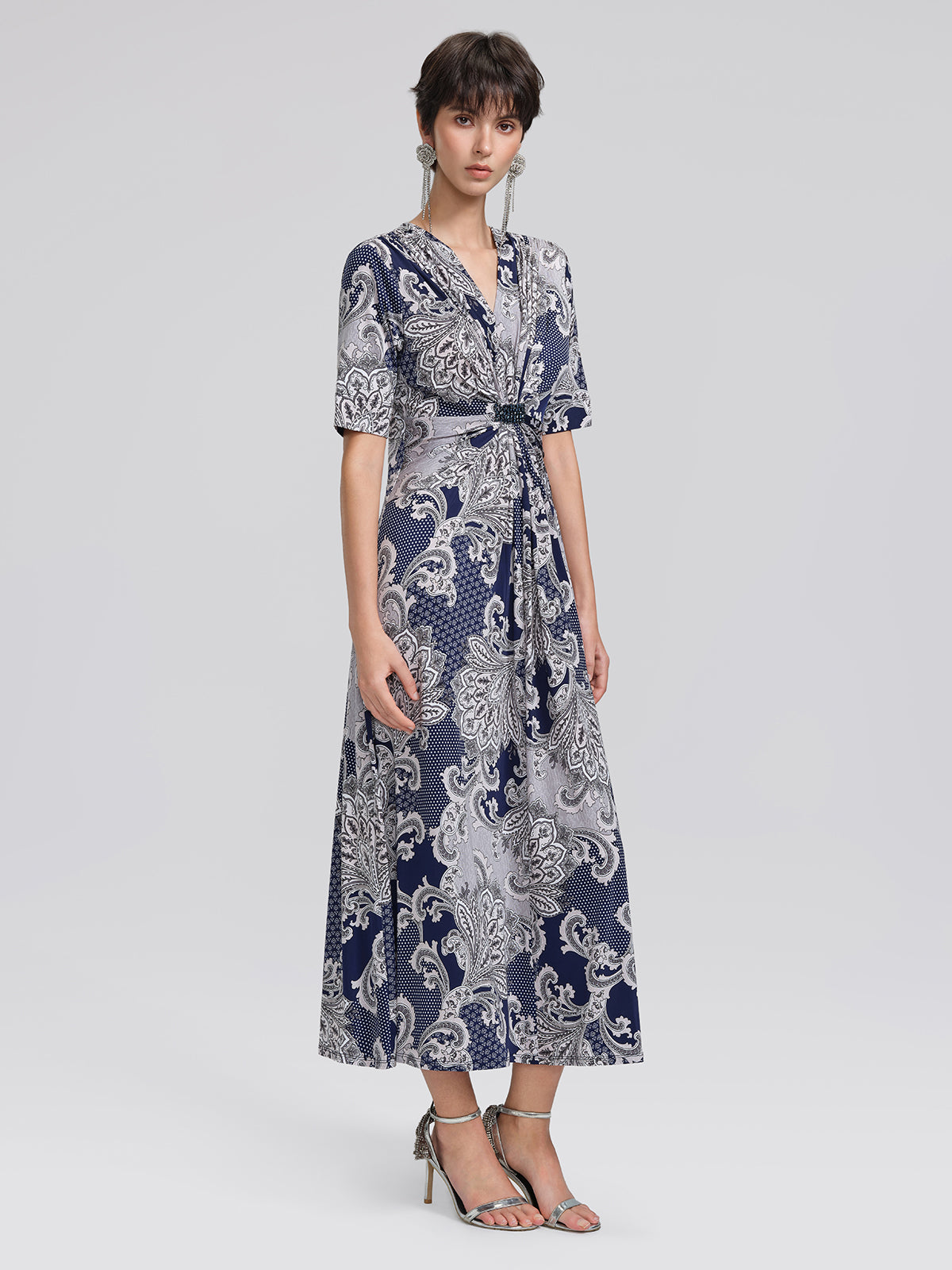 Paisley Print Twist Waist V-Neck Dress