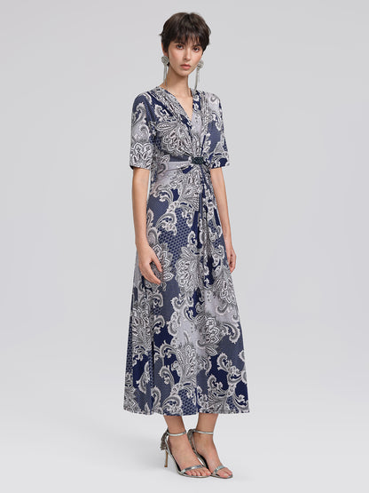 Paisley Print Twist Waist V-Neck Dress