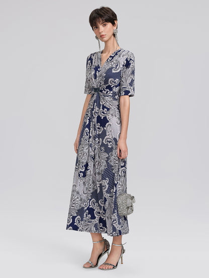 Paisley Print Twist Waist V-Neck Dress