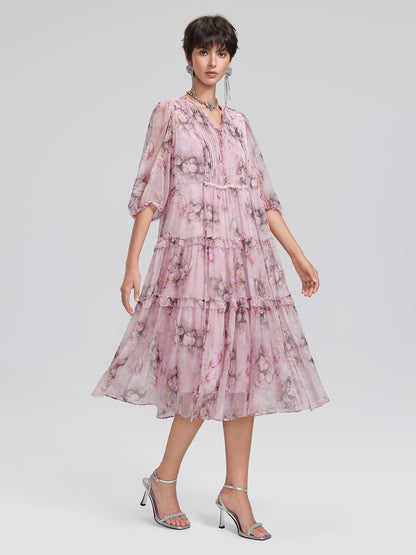 Accordion Pleated Silk Rose Print Dress
