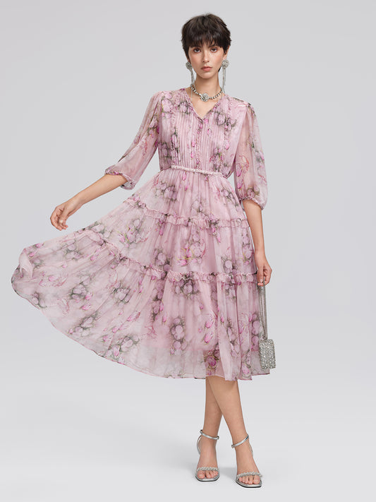 Accordion Pleated Silk Rose Print Dress