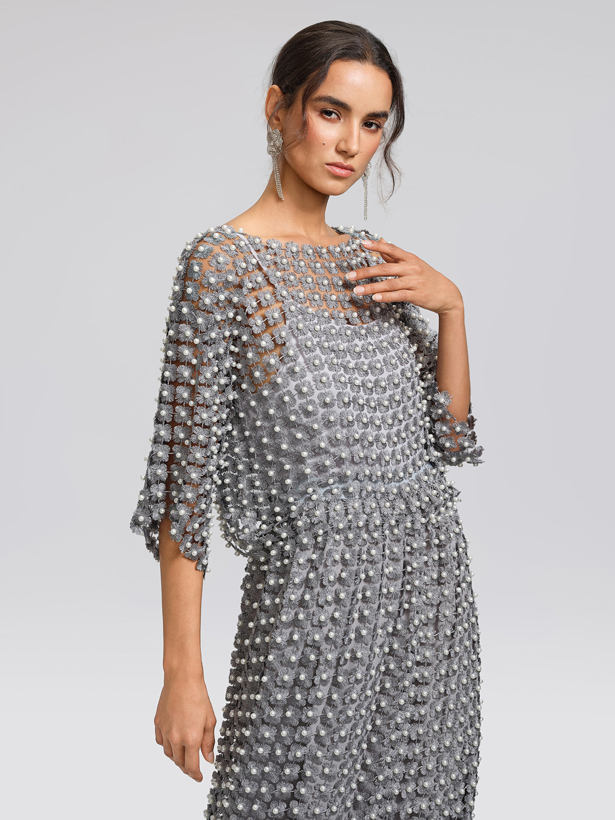 Floral Pearl-Embellished Round-Neck Top