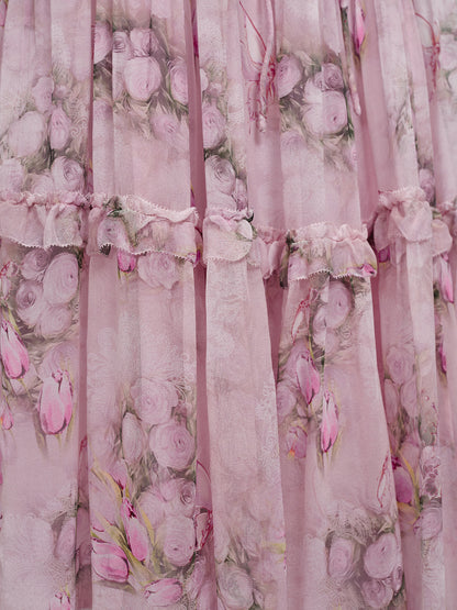 Accordion Pleated Silk Rose Print Dress