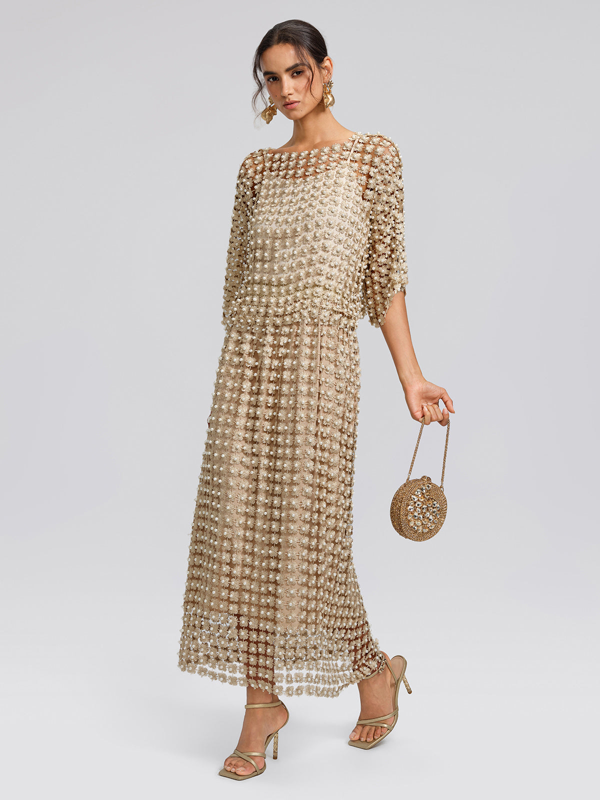 Floral Pearl-Embellished Round-Neck Top