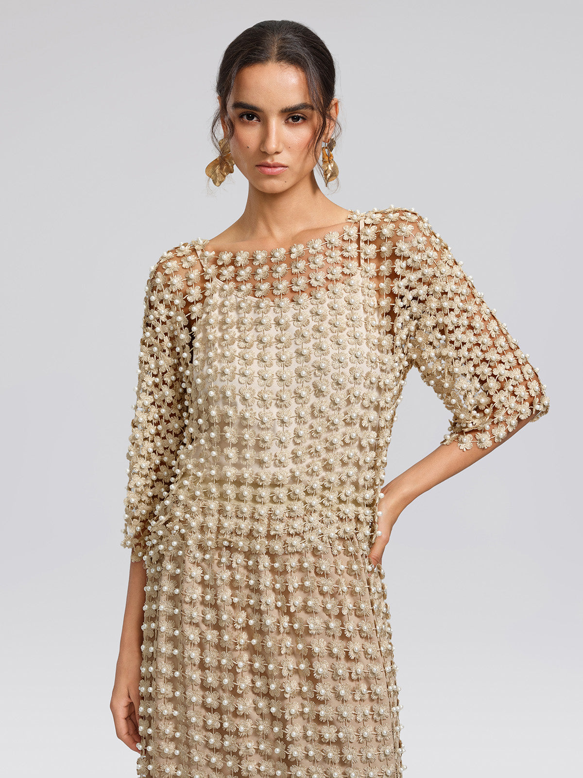Floral Pearl-Embellished Round-Neck Top