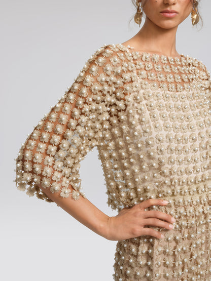 Floral Pearl-Embellished Round-Neck Top