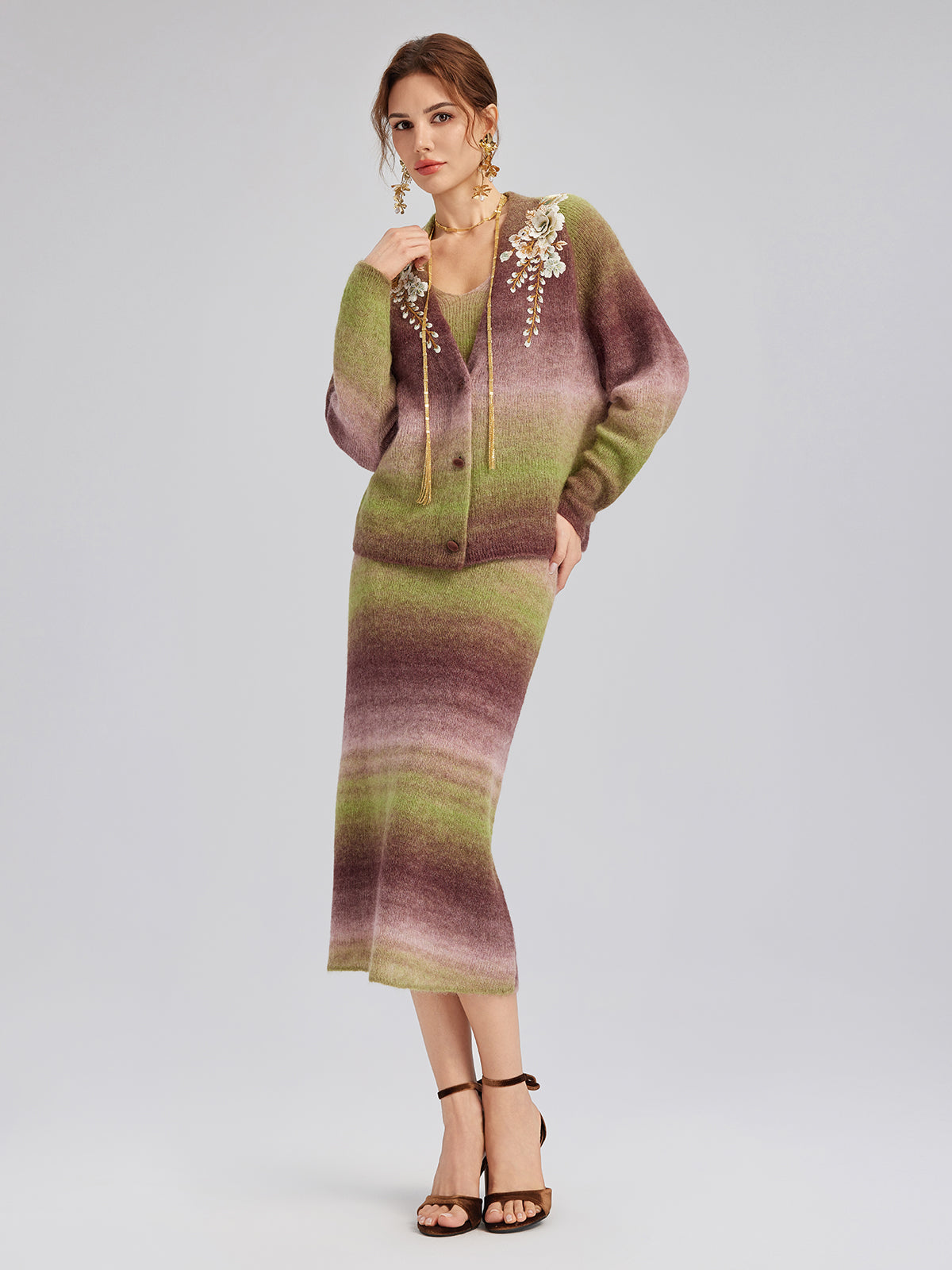 Gradient Wool Beaded Knit Sweater