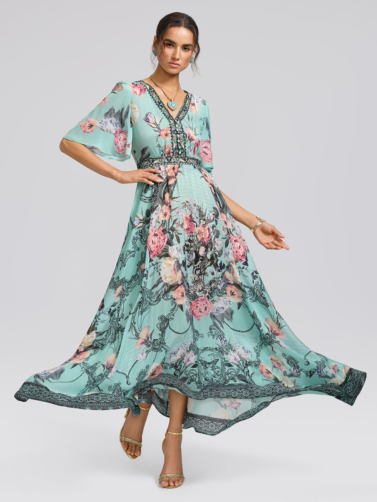 100% Silk Printed Flared-Sleeve Resort Maxi Dress
