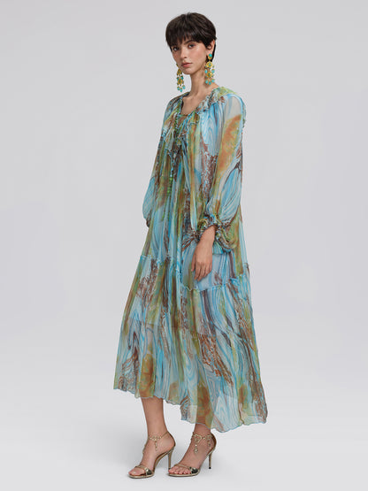 Silk Ombre Print Batwing Sleeve Dress