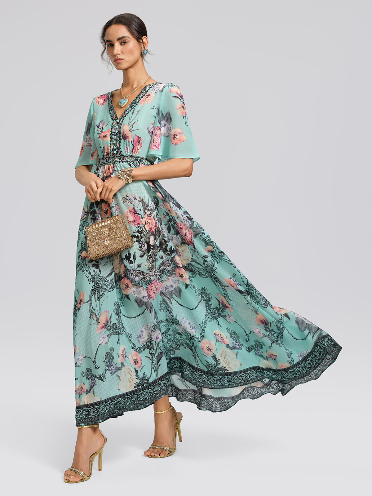100% Silk Printed Flared-Sleeve Resort Maxi Dress