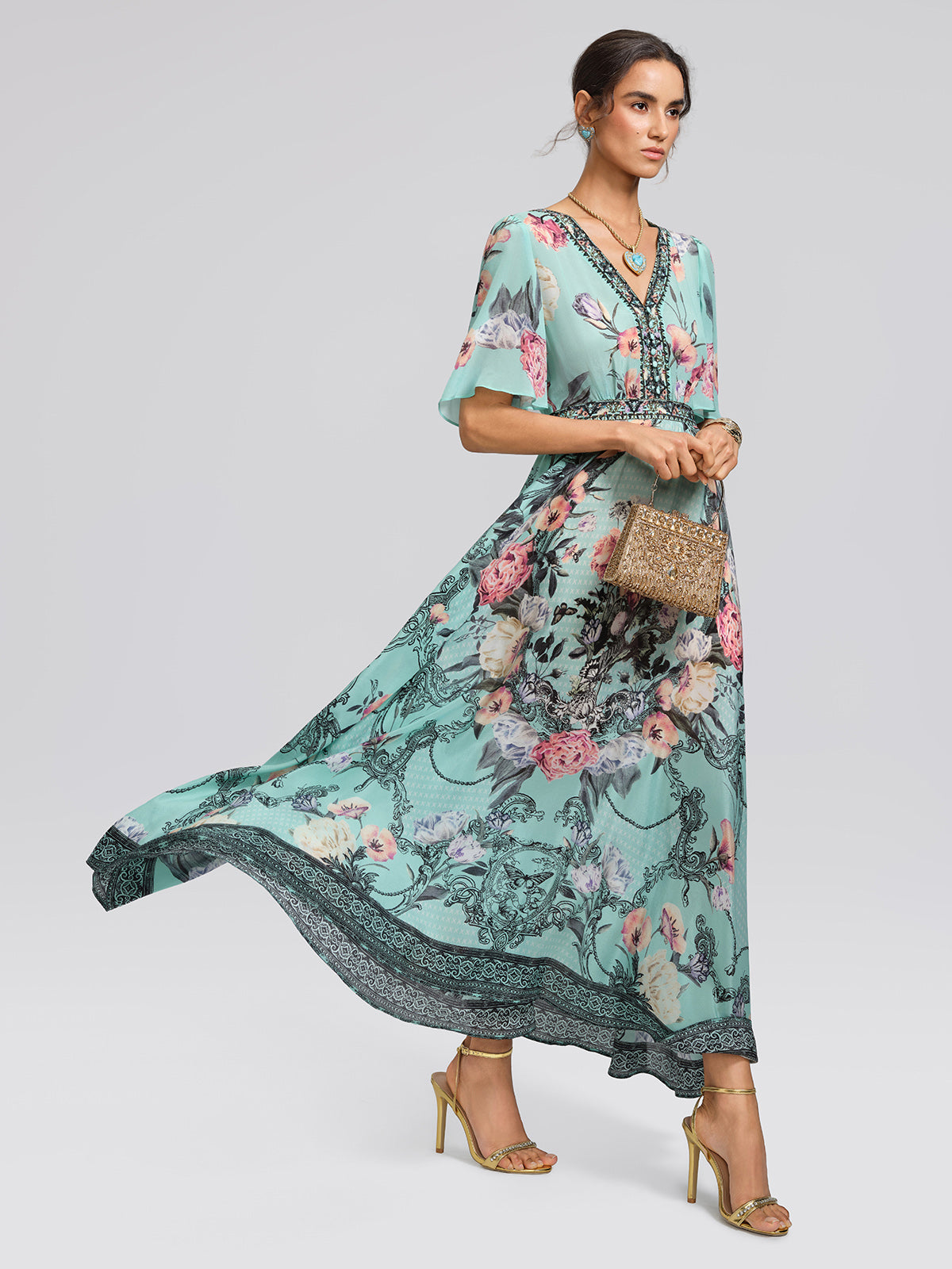 100% Silk Printed Flared-Sleeve Resort Maxi Dress