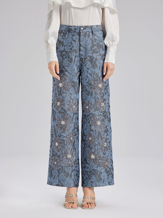 Jacquard Laser-Cut Crystal-Embellished Pants