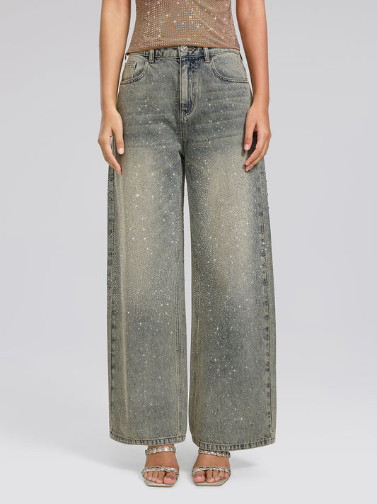 Rhinestone Washed Denim Straight-Leg Pants