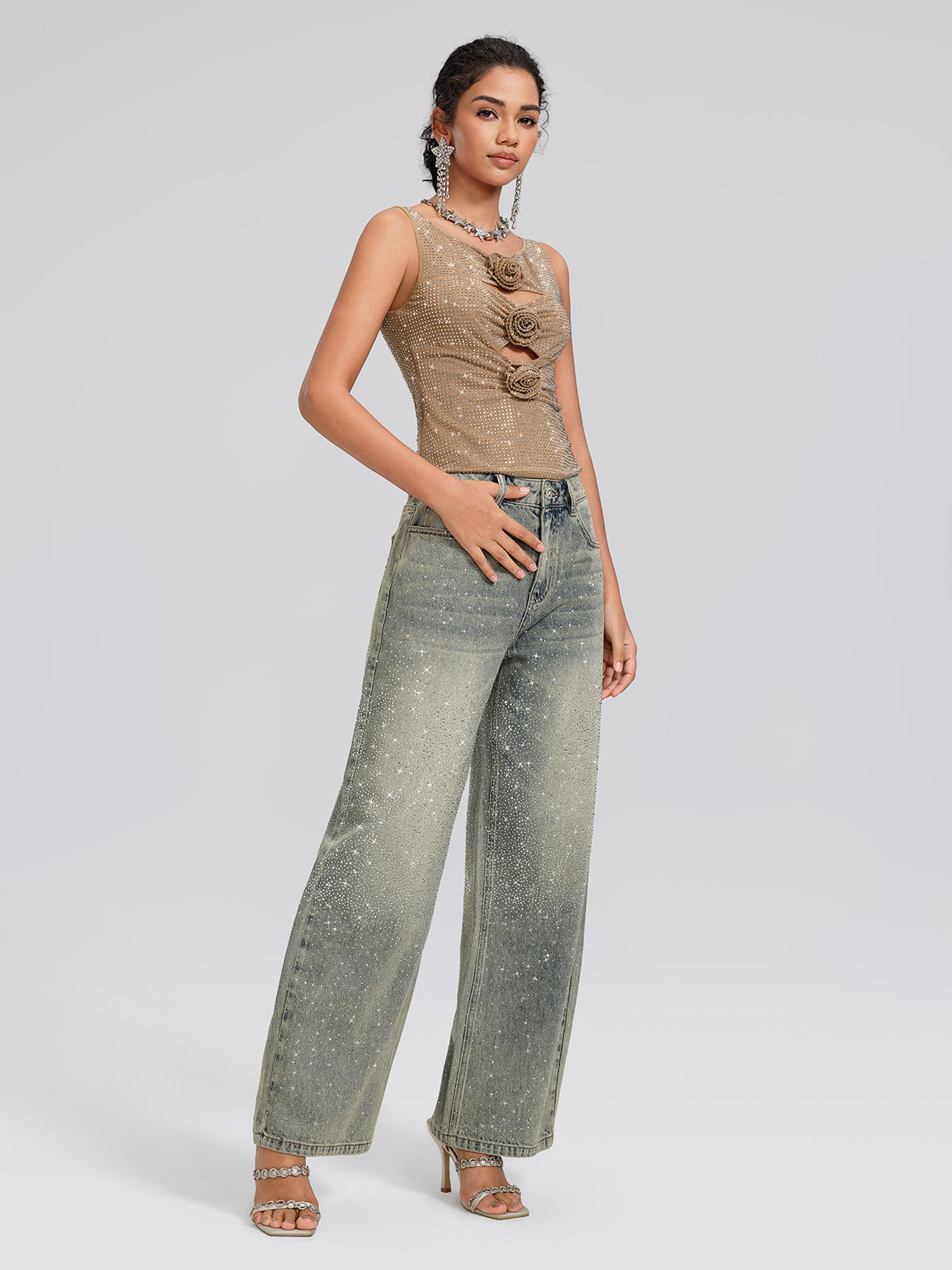 Rhinestone Washed Denim Straight-Leg Pants
