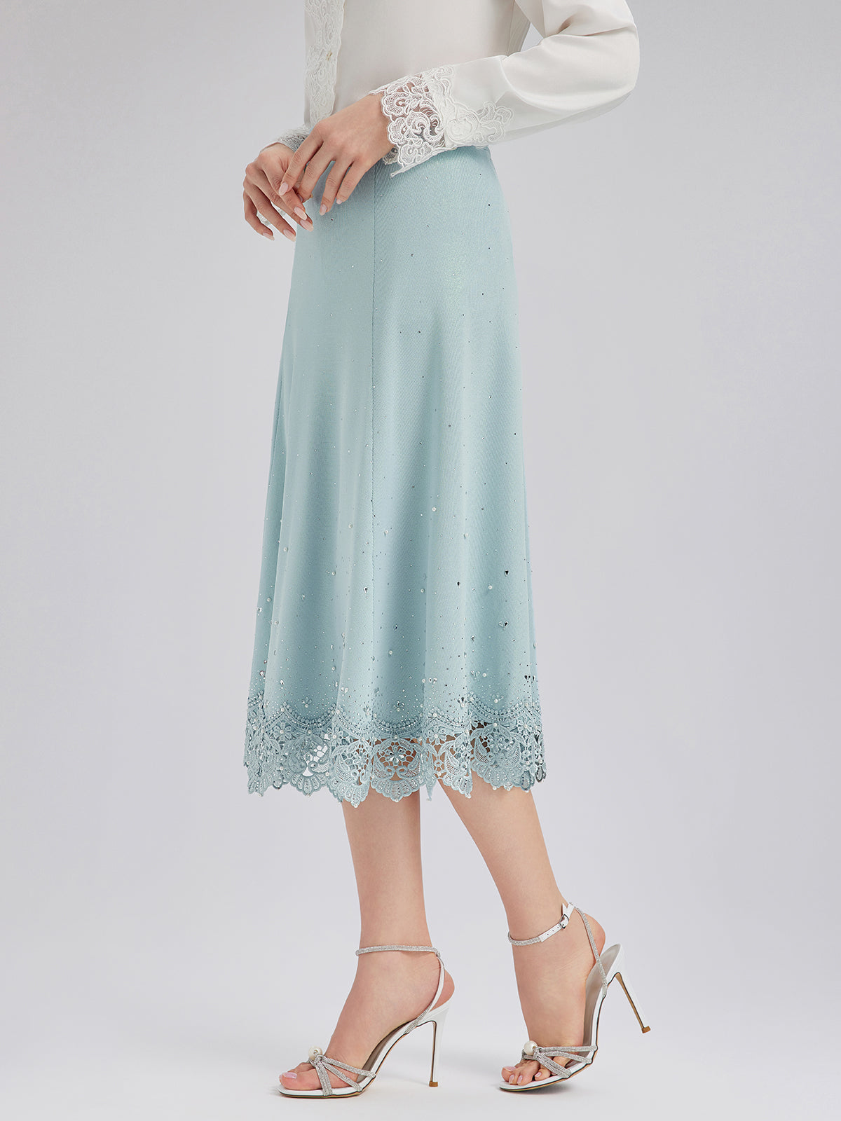Rhinestone Lace Knit Elasticated Skirt