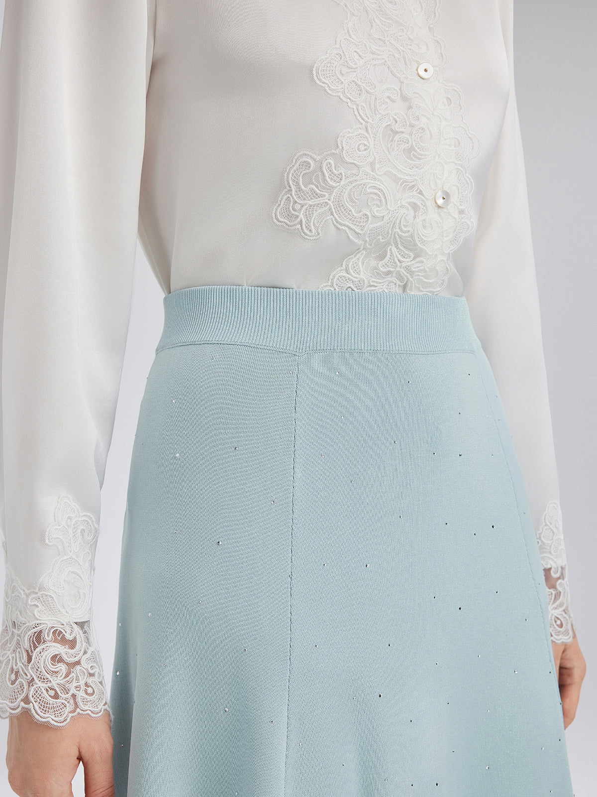 Rhinestone Lace Knit Elasticated Skirt