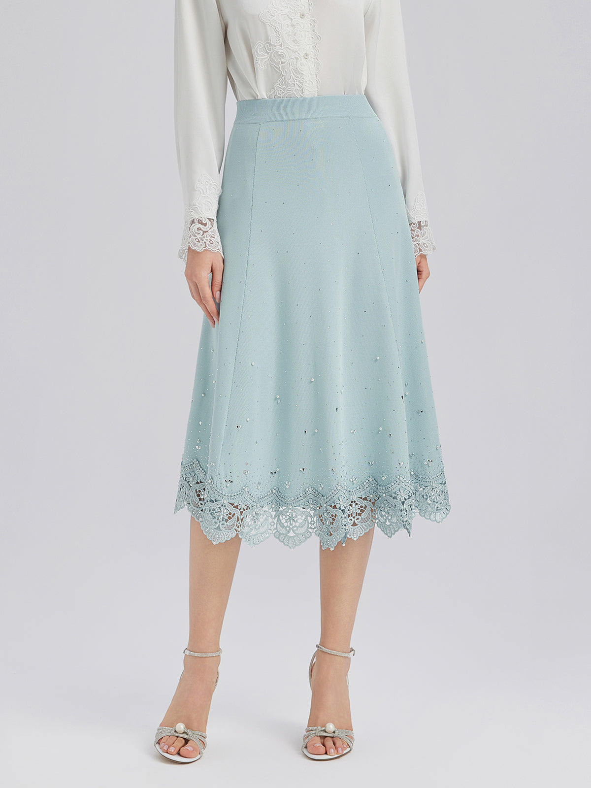 Rhinestone Lace Knit Elasticated Skirt