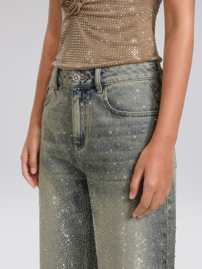 Rhinestone Washed Denim Straight-Leg Pants