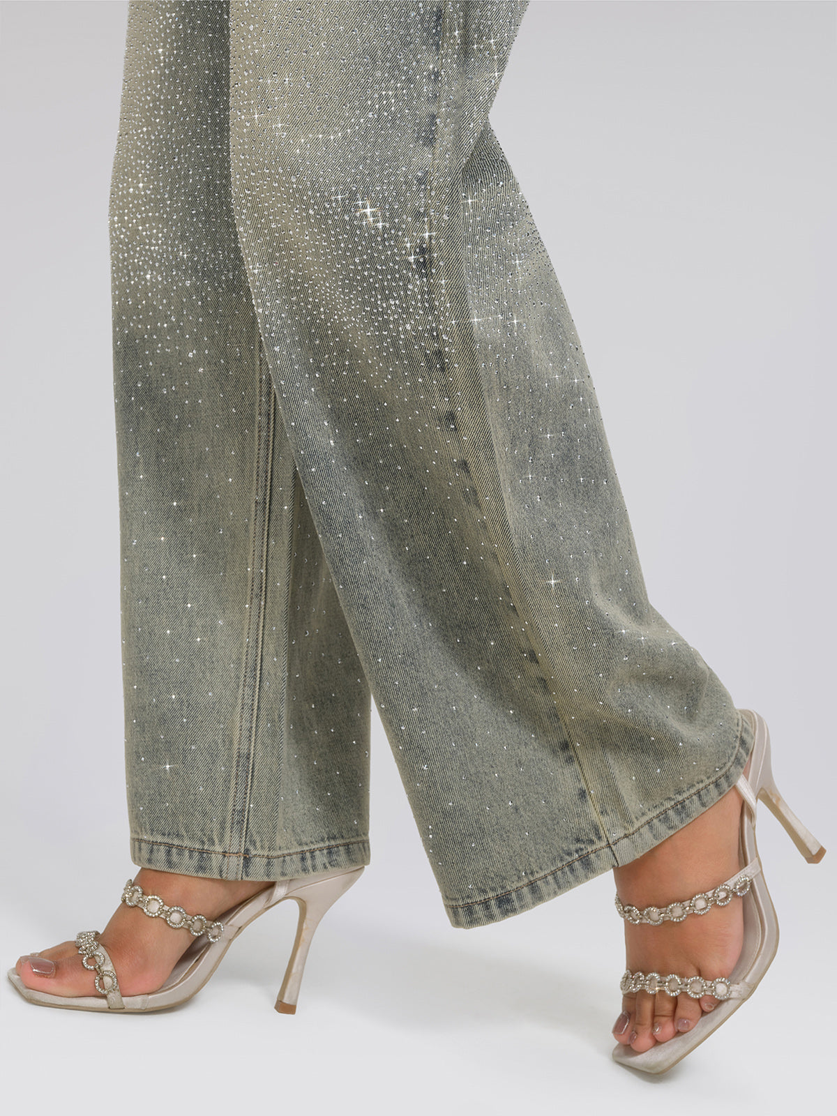 Rhinestone Washed Denim Straight-Leg Pants