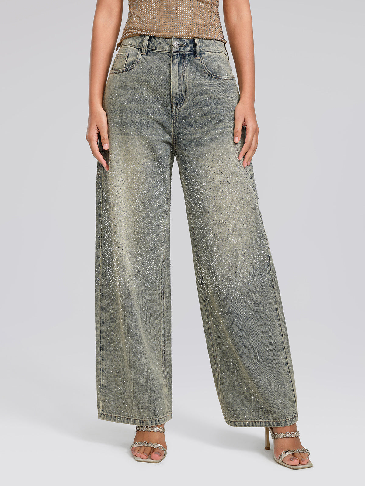 Rhinestone Washed Denim Straight-Leg Pants
