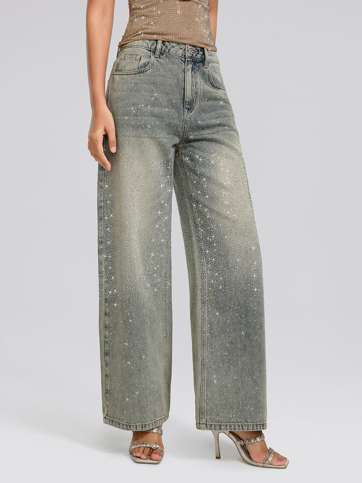 Rhinestone Washed Denim Straight-Leg Pants