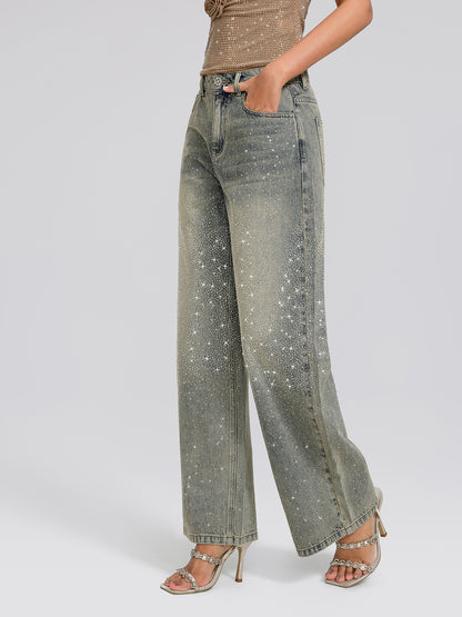 Rhinestone Washed Denim Straight-Leg Pants