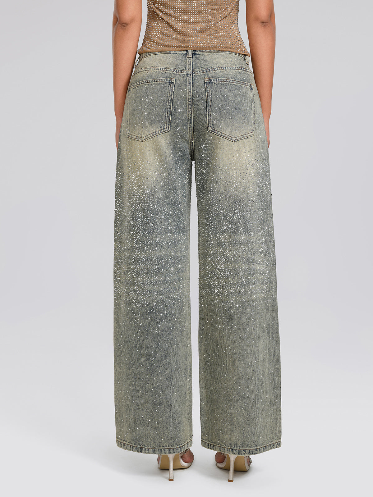 Rhinestone Washed Denim Straight-Leg Pants