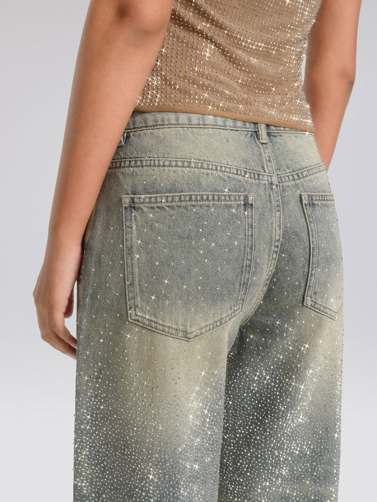 Rhinestone Washed Denim Straight-Leg Pants