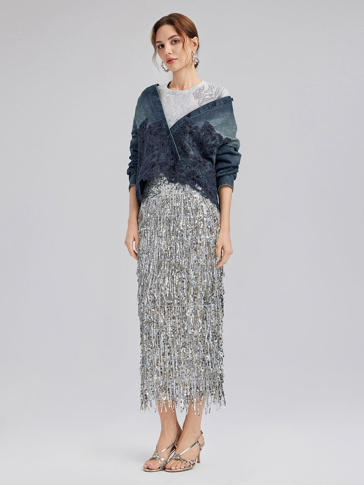 Lace-Paneled Cotton Denim Jacket