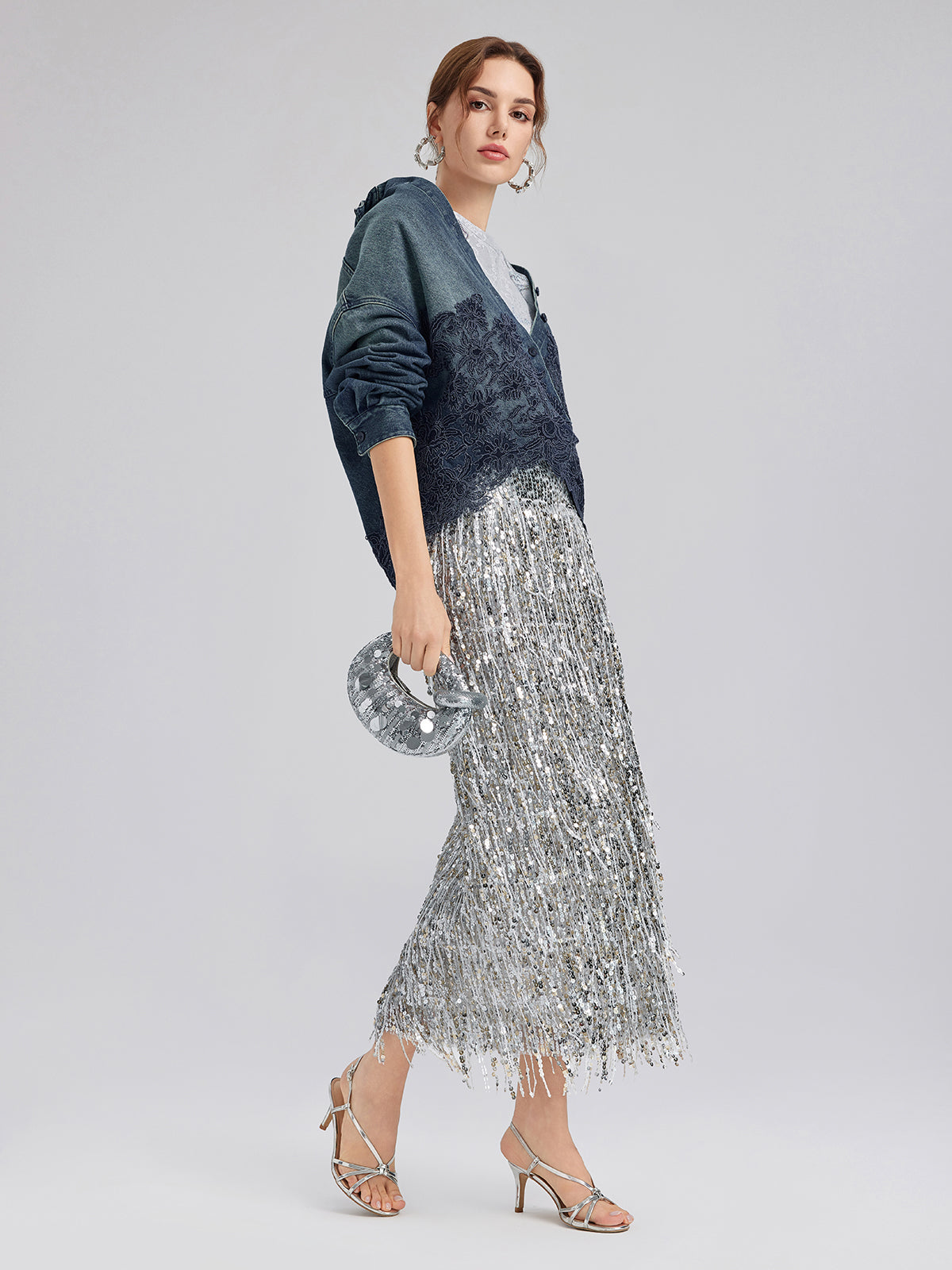 Lace-Paneled Cotton Denim Jacket