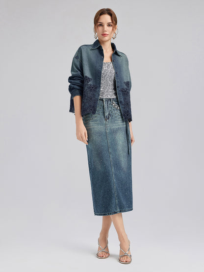 Lace-Paneled Cotton Denim Jacket