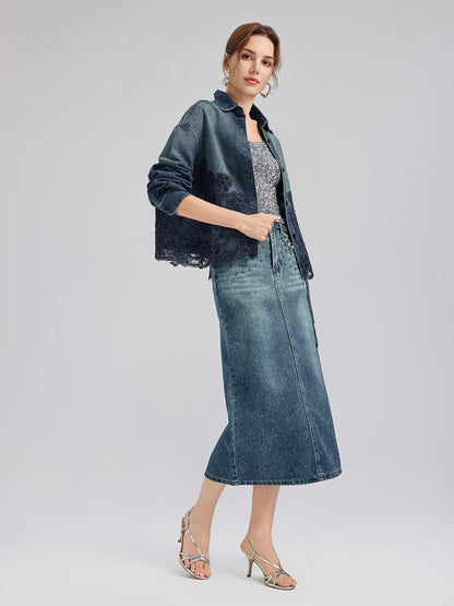 Lace-Paneled Cotton Denim Jacket