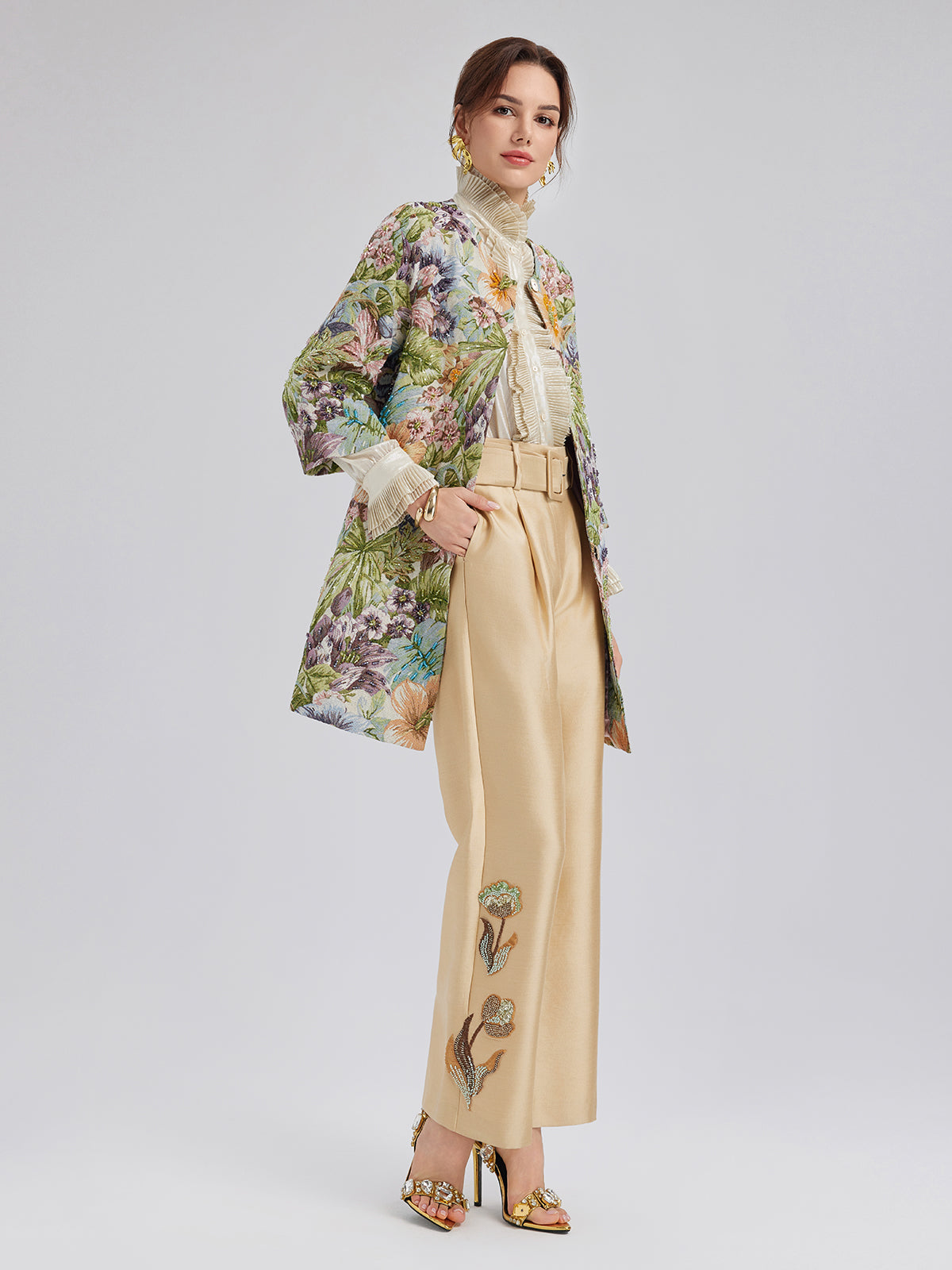 Luxe Floral Sequin Straight-Leg Pants