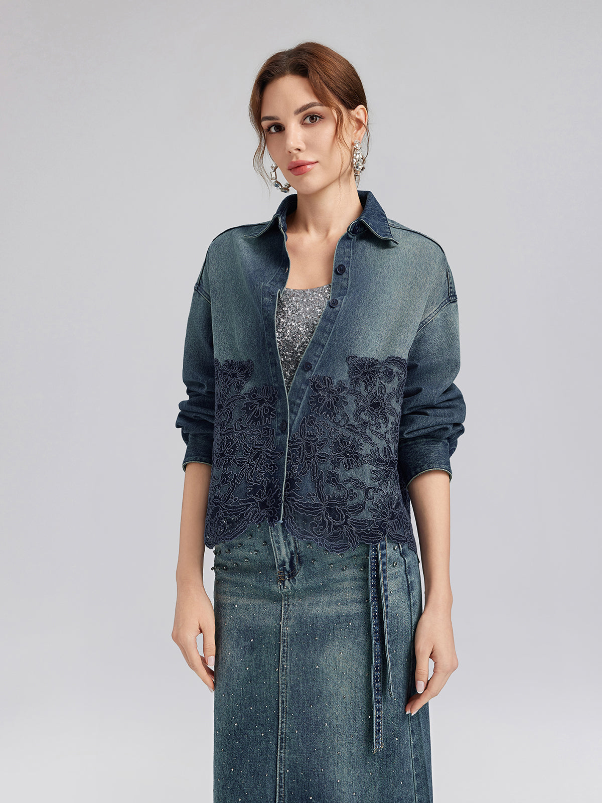 Lace-Paneled Cotton Denim Jacket