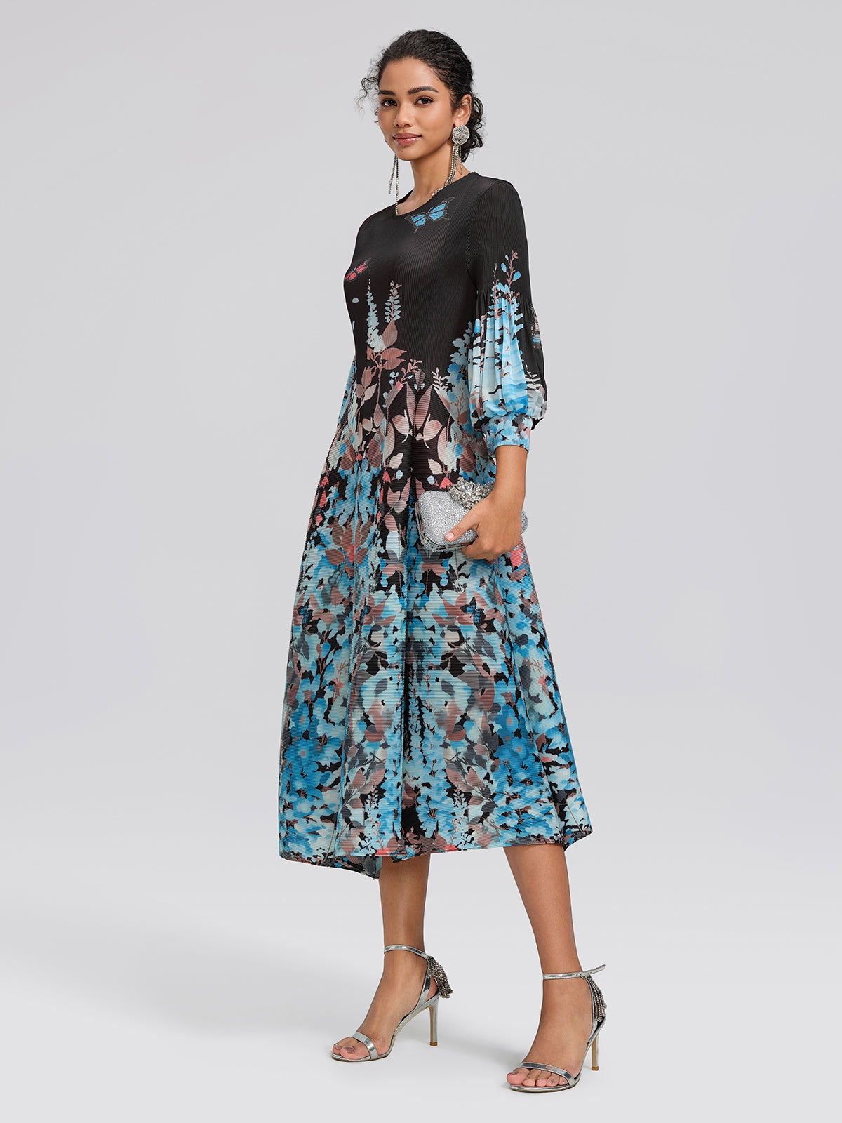 Pleated Printed Lantern-Sleeve Dress