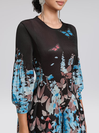 Pleated Printed Lantern-Sleeve Dress