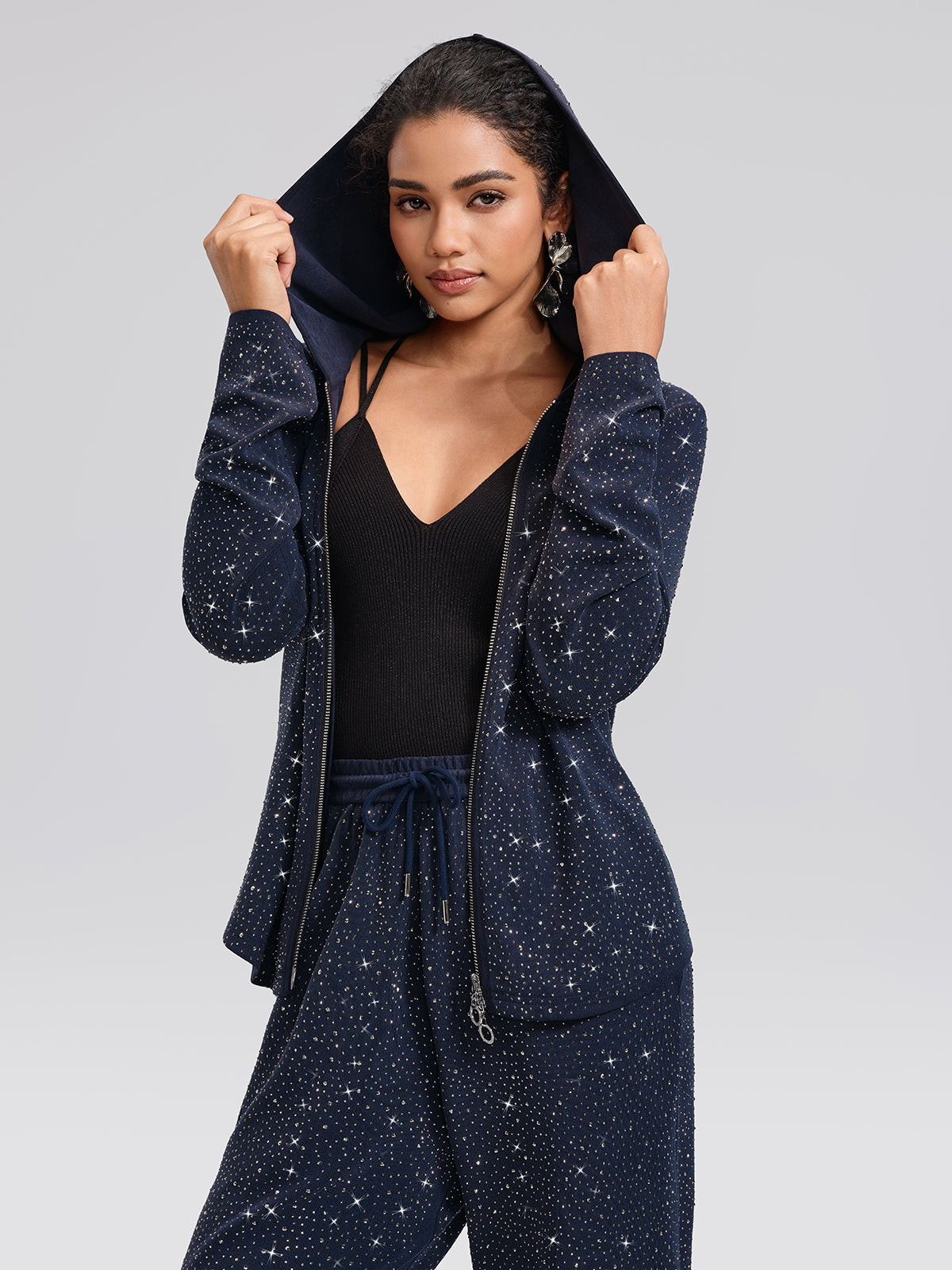 Rhinestones Knit Relaxed Hooded Jacket
