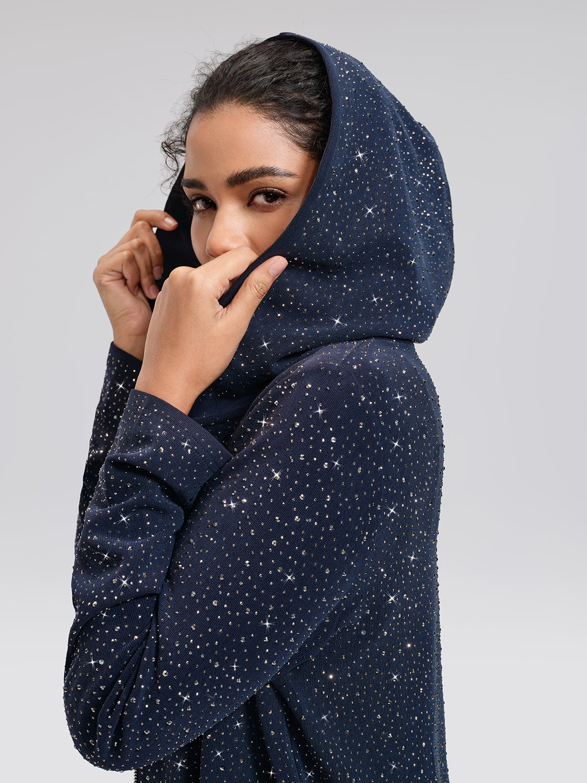 Rhinestones Knit Relaxed Hooded Jacket