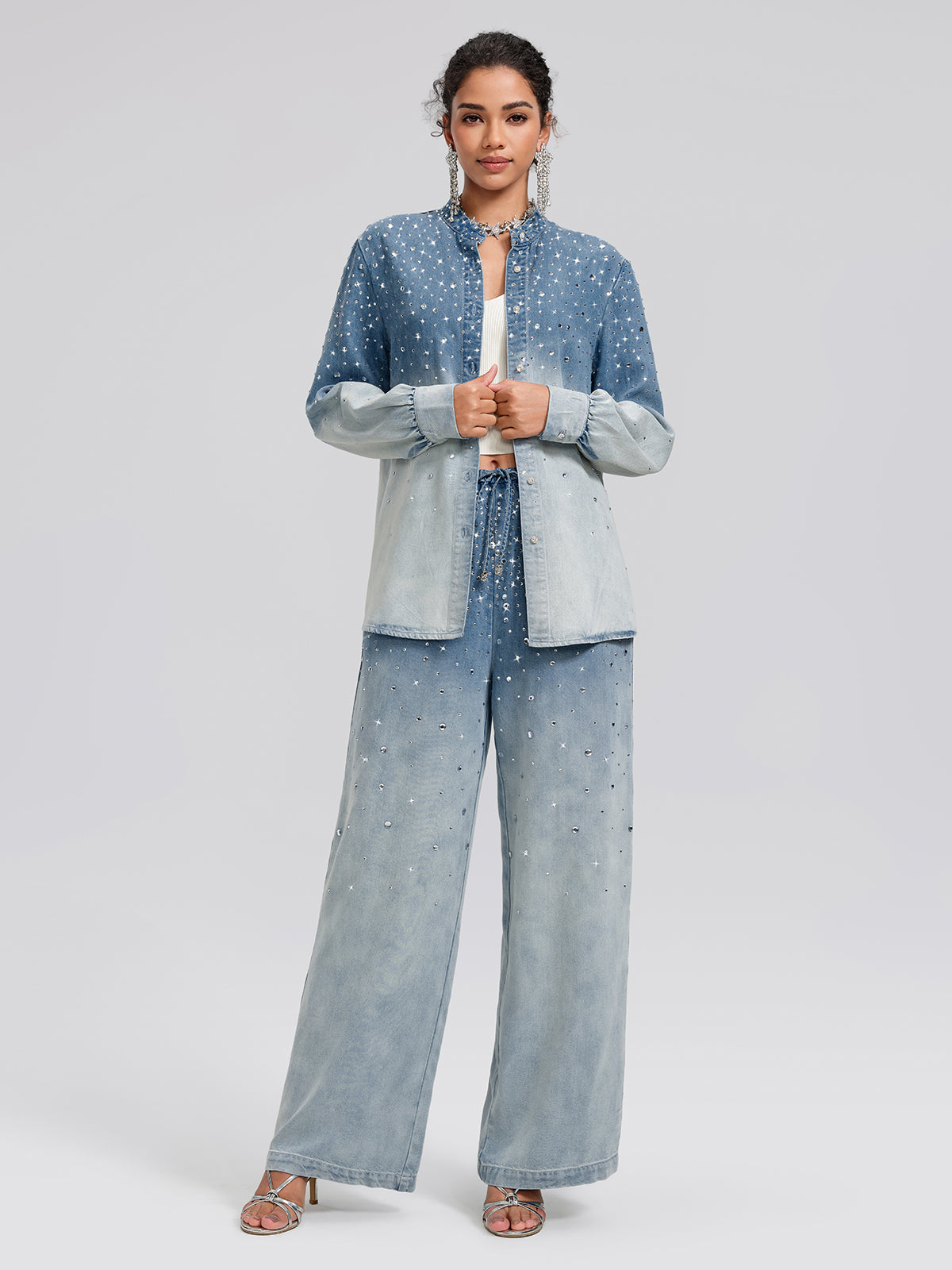 Ombre Washed Rhinestone Wide-Leg Jeans