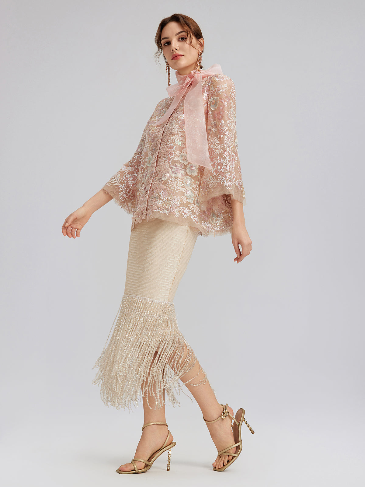 Sequin-Embroidered Detachable-Tie Jacket
