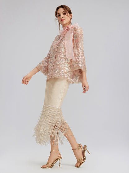 Sequin-Embroidered Detachable-Tie Jacket