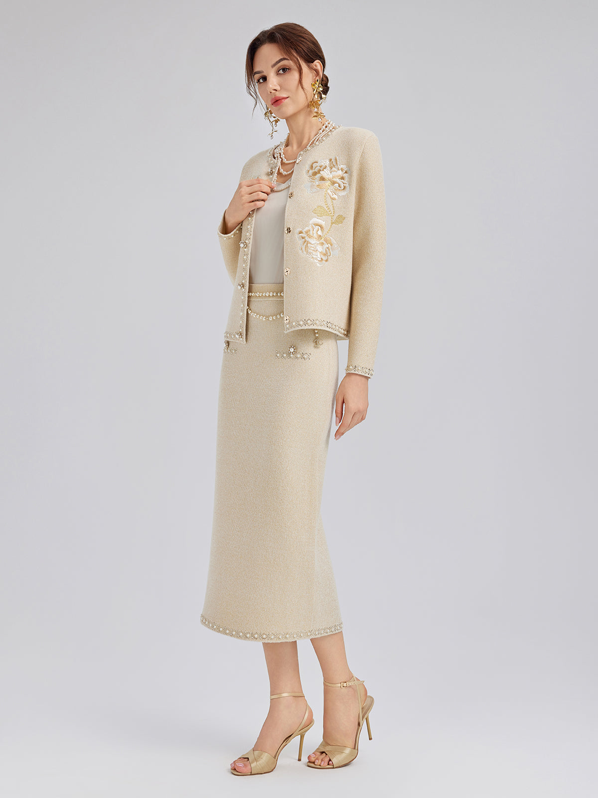 Rhinestone Beaded Embroidered Knit Cardigan