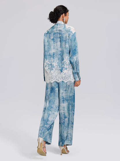 Tencel Printed Elastic Waistband Wide-Leg Pants