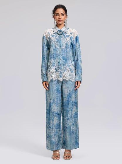 Tencel Printed Elastic Waistband Wide-Leg Pants