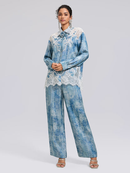 Tencel Printed Elastic Waistband Wide-Leg Pants