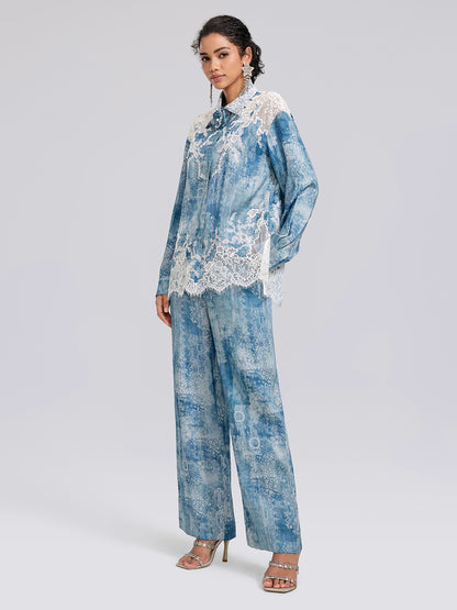 Tencel Printed Elastic Waistband Wide-Leg Pants