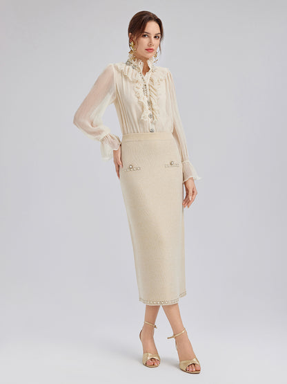Ruffled Stand Collar Beaded Shirt