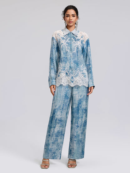 Tencel Printed Elastic Waistband Wide-Leg Pants