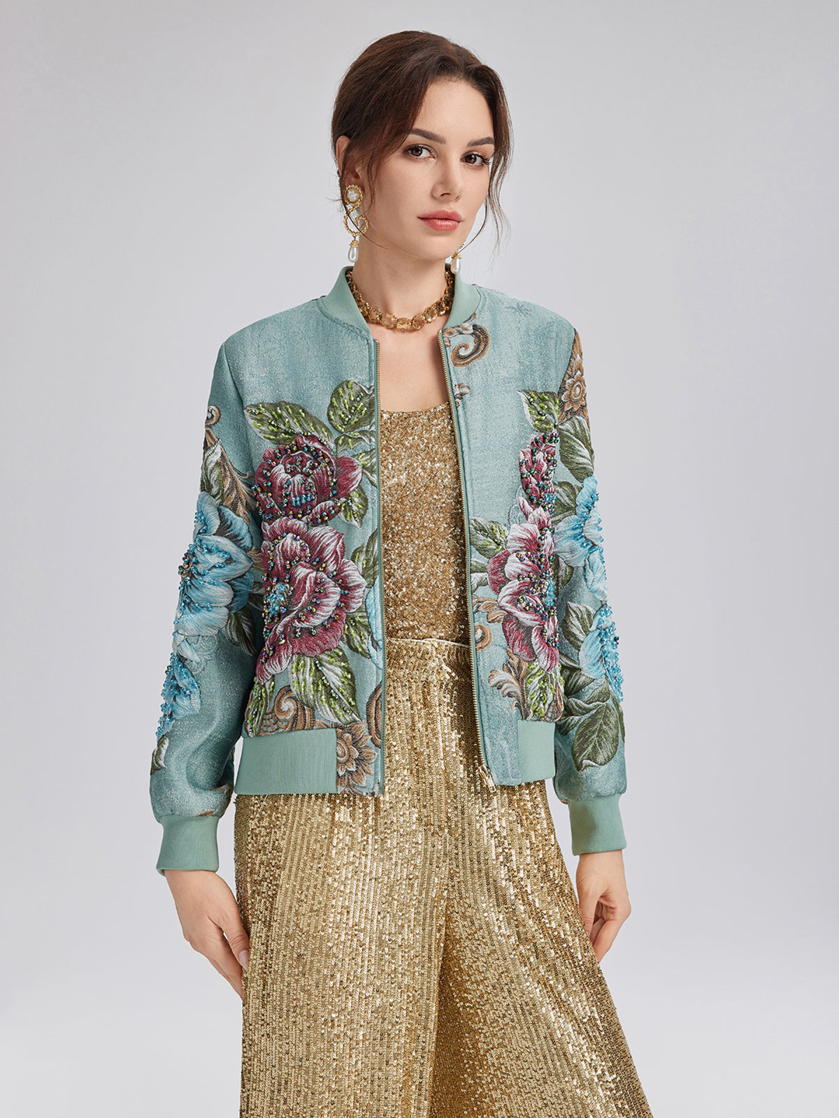 Hand-Beaded 3D Floral Bomber Jacket