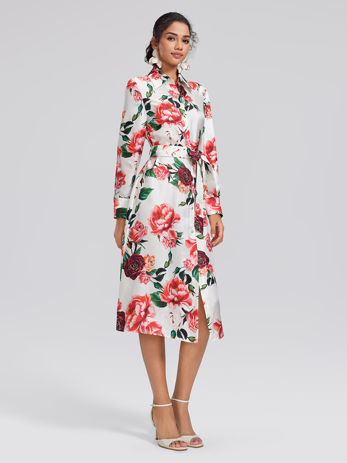 100% Silk Rose Print Turn-down Collar Dress